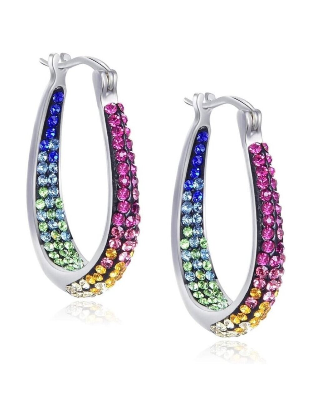 🆕 Women Pink Crystal Hoop Earrings Plated Inside Out Oval Shape Jewelry Gifts
